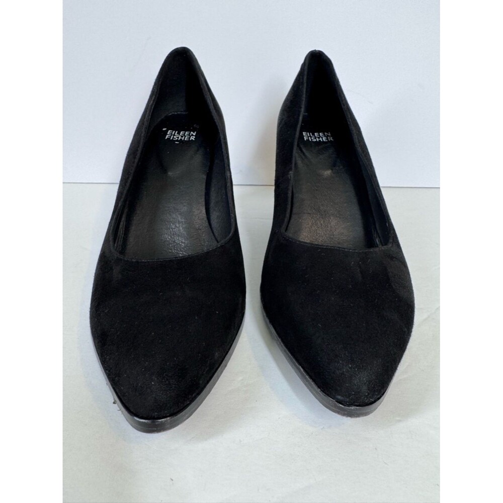 Eileen Fisher Black Suede Hawk Block Heel Pumps Career Lagenlook Women's Size 8 - Picture 4 of 10